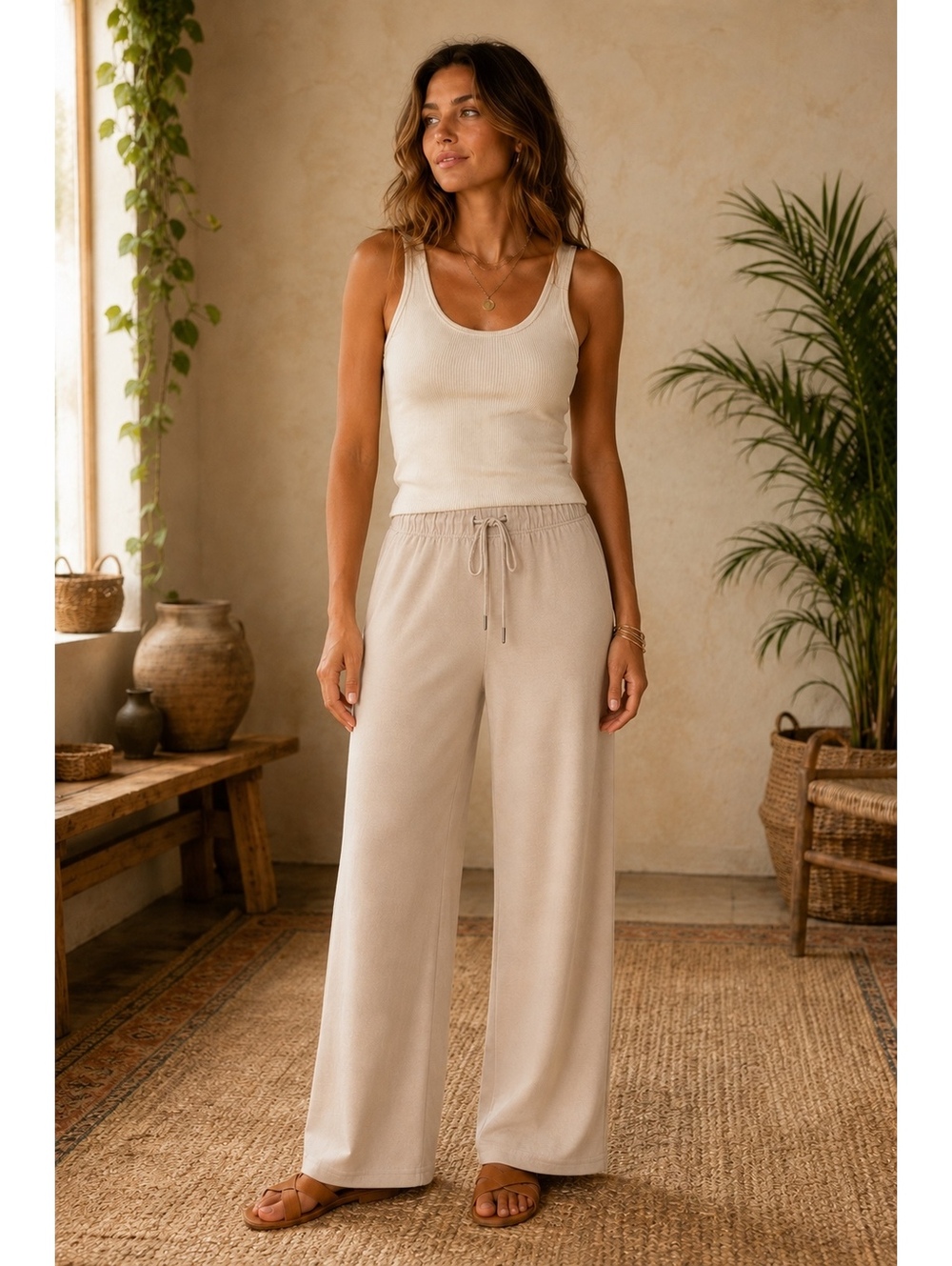 Sampeel Women’s Large Beige Wide Leg Drawstring Lounge Pants